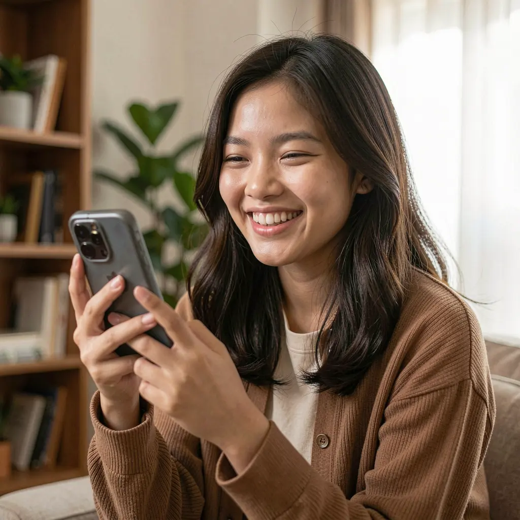 Alinda55 App – Enjoy smooth and user friendly mobile gaming in Malaysia Smiling Malaysian woman enjoying mobile gaming with the Alinda55 app in a comfortable indoor setting