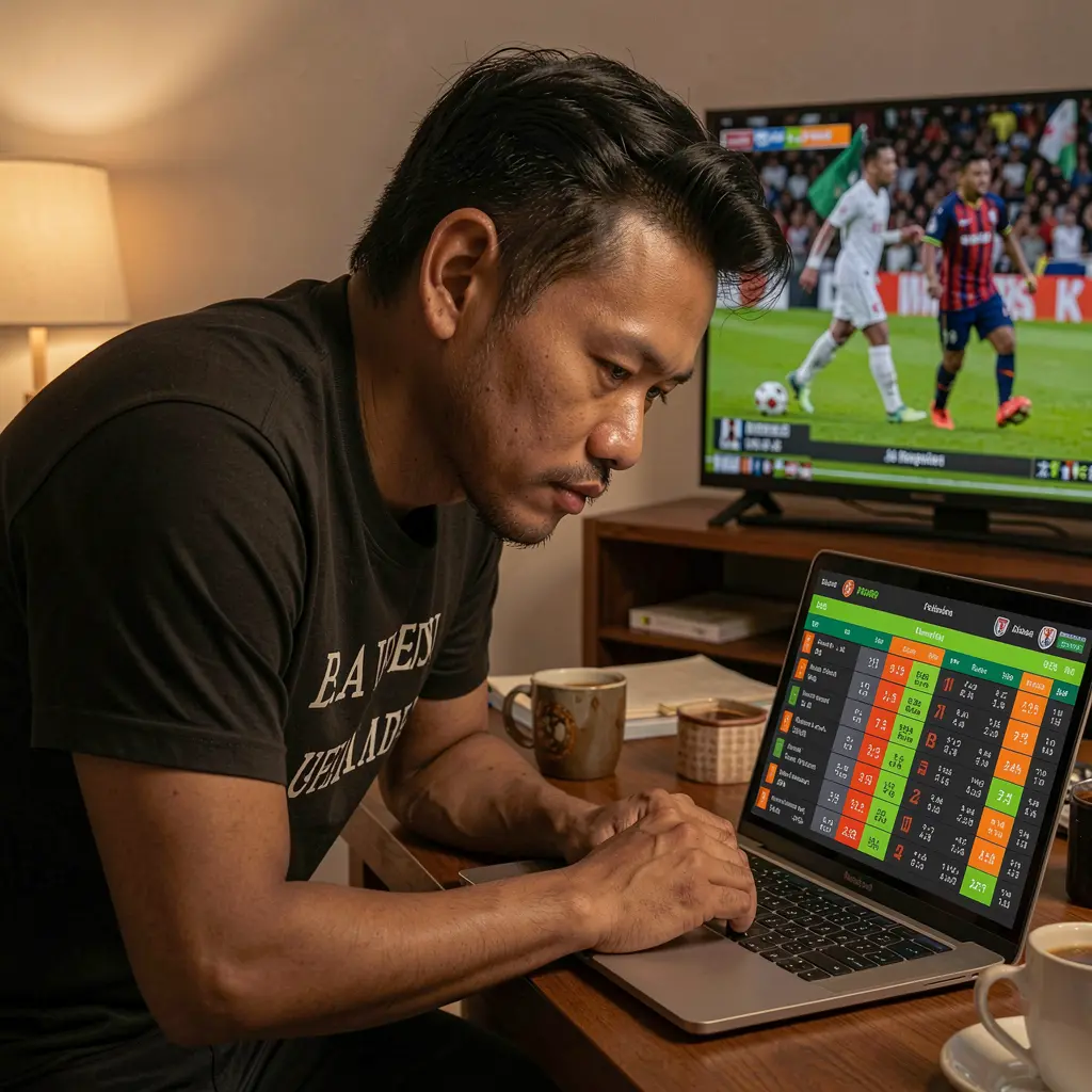 Alinda55 Bet – Enjoy real time football betting action for Malaysia players Focused Malaysian sports bettor reviewing live football odds on a laptop with Alinda55 while watching match highlights on TV in a modern home