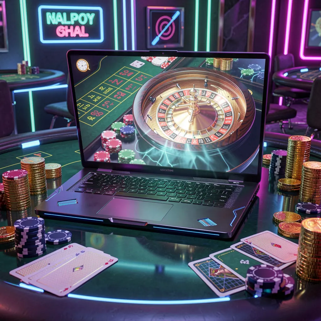 Alinda55 – Experience high quality online casino games for Malaysian players Stylish online roulette gameplay on a laptop surrounded by stacked casino chips and glowing coins illustrating premium digital casino action at Alinda55 Malaysia