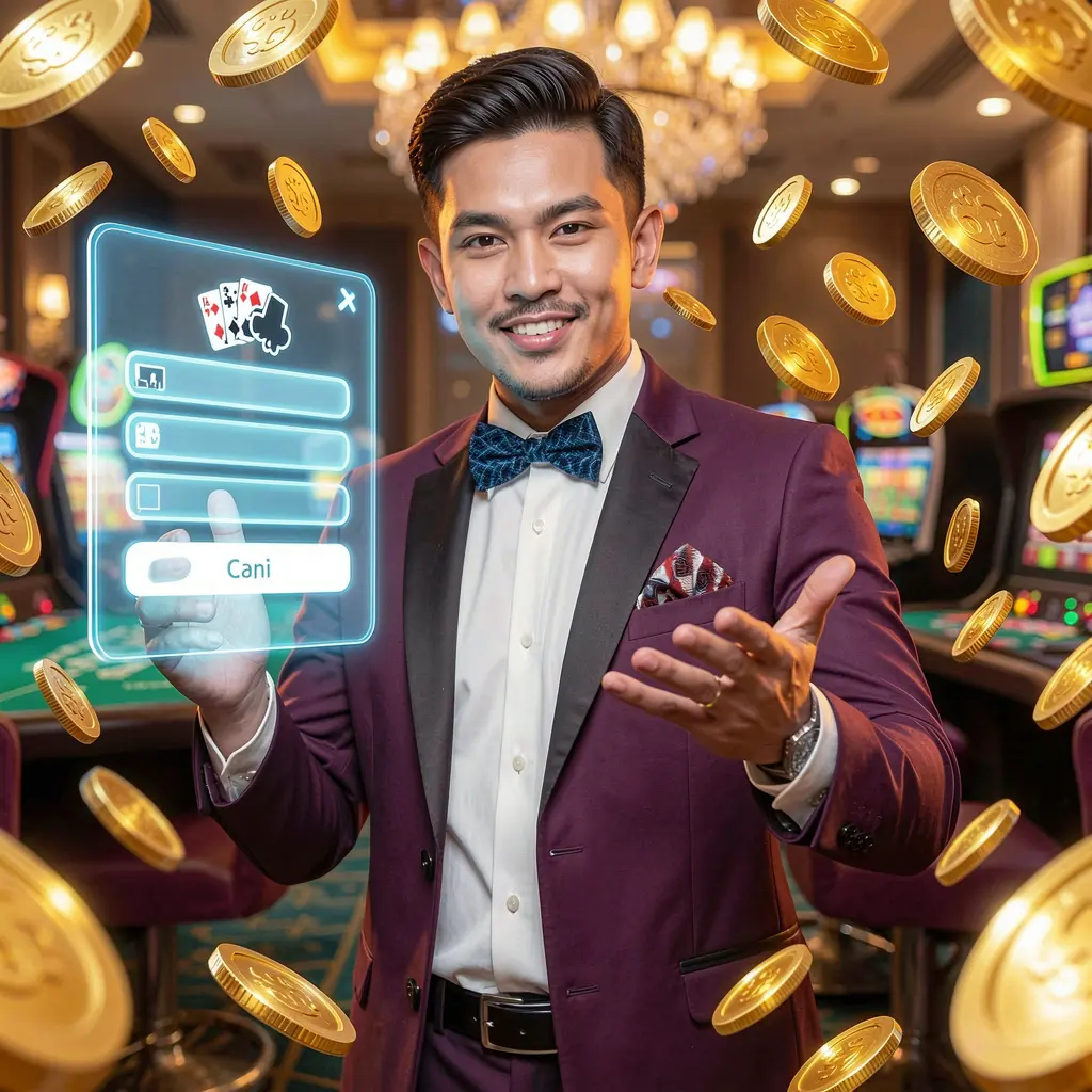 Alinda55 Login – Safe and smooth account sign in for players in Malaysia Charismatic Alinda55 casino host surrounded by golden coins and futuristic lights guiding players to sign in securely in Malaysia