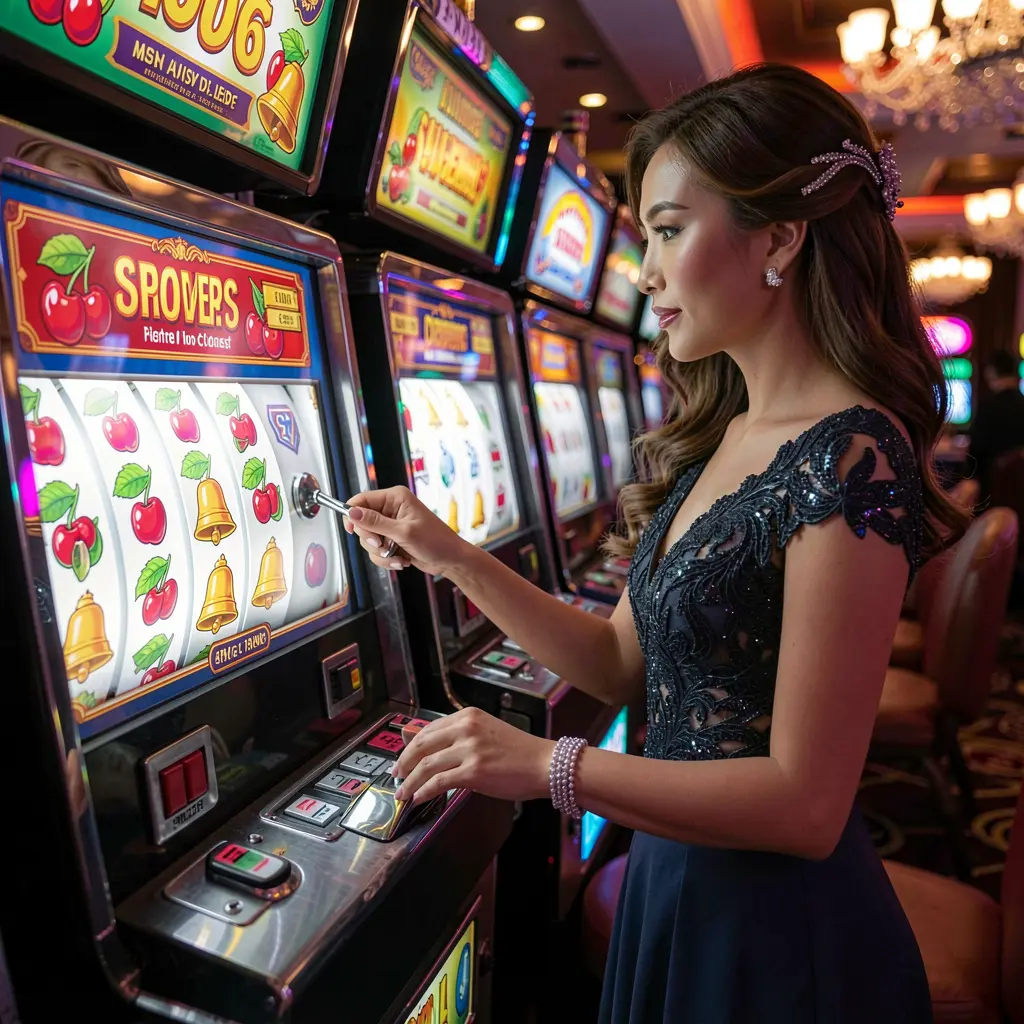 Alinda55 – Experience high quality slot games designed for Malaysian players Elegant Malaysian player enjoying premium slot machine gameplay in a luxury casino atmosphere at Alinda55 with glowing reels and immersive visuals